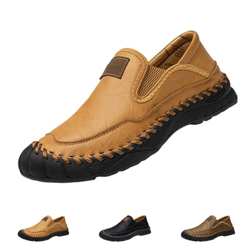 Men's Handmade Leather Orthopedic Outdoor Loafers, Casual Breathable Slip on Business Moccasins, Comfortable Non-Slip Travel Shoes(Khaki,Numeric_38) von Generisch