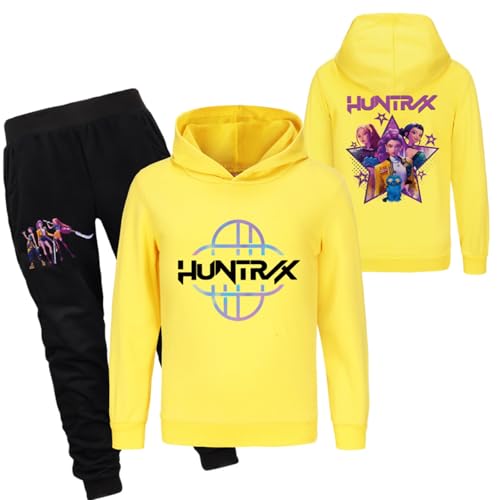 Mengmiao Huntrix KPop Huntr/x Hoodie & 2-teiliges Set für Mädchen – Kurz Geschnittener Kapuzen KPop D-De-Mon H-Hunters Pulli Kids Pullover mit Druck oder Huntr/x Hoodie+Jogginghose Streetwear von Generisch