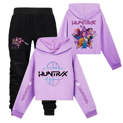 Mengmiao Huntrix KPop Huntr/x Hoodie & Set – Kurz Hontrix Pulli Pullover & Jogginghose für Mädchen, Teenager Streetwear, Bedruckter Kapuzen Hontrix Pulli Pullover Outfit, Trendiges K-Pop Fan Set von Generisch