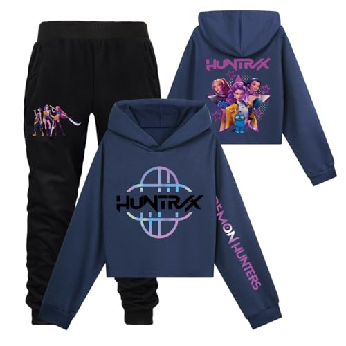 Mengmiao Huntrix KPop Huntr/x Hoodie & Set – Kurz Hontrix Pulli Pullover & Jogginghose für Mädchen, Teenager Streetwear, Bedruckter Kapuzen Hontrix Pulli Pullover Outfit, Trendiges K-Pop Fan Set von Generisch