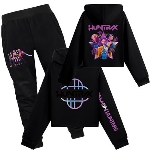 Mengmiao Huntrix KPop Huntr/x Hoodie & Set – Kurz Hontrix Pulli Pullover & Jogginghose für Mädchen, Teenager Streetwear, Bedruckter Kapuzen Hontrix Pulli Pullover Outfit, Trendiges K-Pop Fan Set von Generisch