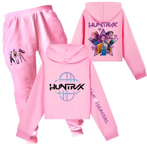Mengmiao Huntrix KPop Huntr/x Hoodie & Set – Kurz Hontrix Pulli Pullover & Jogginghose für Mädchen, Teenager Streetwear, Bedruckter Kapuzen Hontrix Pulli Pullover Outfit, Trendiges K-Pop Fan Set von Generisch
