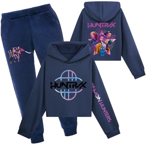 Mengmiao Huntrix KPop Huntr/x Hoodie & Set – Kurz Hontrix Pulli Pullover & Jogginghose für Mädchen, Teenager Streetwear, Bedruckter Kapuzen Hontrix Pulli Pullover Outfit, Trendiges K-Pop Fan Set von Generisch
