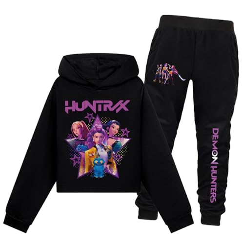 Mengmiao Huntrix KPop Mädchen Crop Huntr/x Hoodie & Jogginghose Set – Kurz geschnittenes Kinder Sweatshirt & Hose, Hontrix Pulli Streetwear Hunterx Kpop Outfit für K-Pop Fans von Generisch