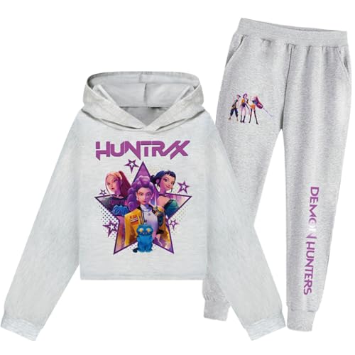 Mengmiao Huntrix KPop Mädchen Crop Huntr/x Hoodie & Jogginghose Set – Kurz geschnittenes Kinder Sweatshirt & Hose, Hontrix Pulli Streetwear Hunterx Kpop Outfit für K-Pop Fans von Generisch
