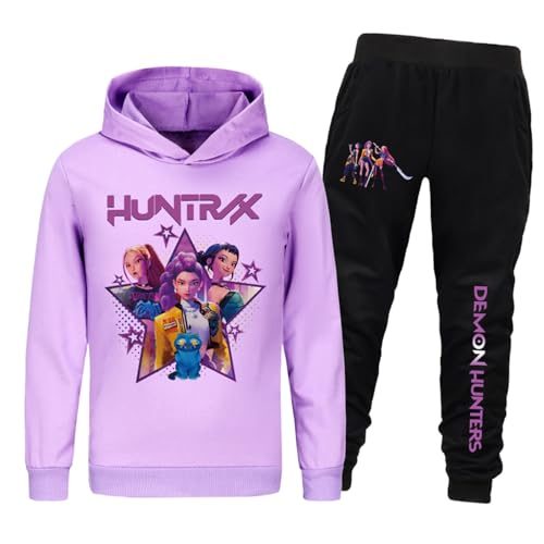 Mengmiao Huntrix KPop Mädchen Huntr/x Hoodie & Jogginganzug – 2-teiliges Kinder Set, Kurzer Kapuzen Hontrix Costume Kids Pulli Pullover + Jogginghose, Trendiges Streetwear Outfit für K-Pop Fans von Generisch