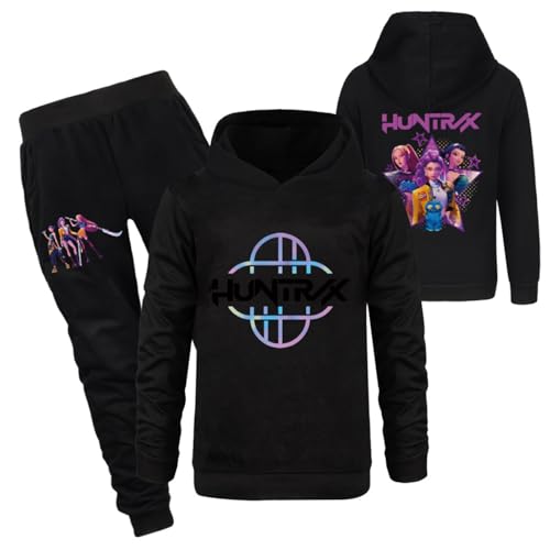 Mengmiao Huntrix KPop Huntr/x Hoodie & 2-teiliges Set für Mädchen – Kurz Geschnittener Kapuzen KPop D-De-Mon H-Hunters Pulli Kids Pullover mit Druck oder Huntr/x Hoodie+Jogginghose Streetwear von Generisch