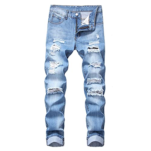 Mens Fashion Destroyed Ripped Jeans Skinny Slim Fit Vintage Ripped Patch Stretch Hip Hop Jeans Hosen (34,Hellblau) von Generisch