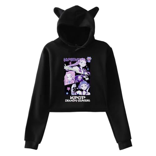 Merch KPop Demon Hunters Huntrix Hoodie 2025 New Movie Cat Ears Crop Top Langarm Streetwear Damen Kleidung, Schwarz , XXS von Generisch