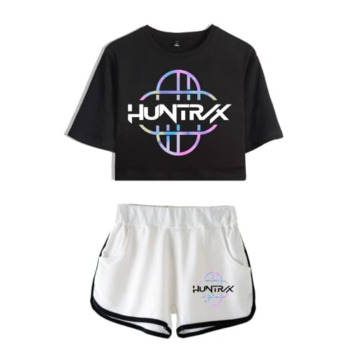 Merch KPop Demon Hunters Huntrix Logo Crop Top Kurzarm T-Shirts + Shorts Zweiteiliges Set Damen Tops Sets, schwarz-weiß, M von Generisch