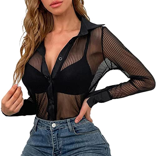 Mesh Oberteil Damen Durchsichtig Bluse Sheer Hemdshirt Button Down Mesh Oberteil Loose Chiffonbluse Hemdbluse Transparente Bluse Mesh Hemdshirt Button Down Locker Oberteil Hemdbluse von Generisch