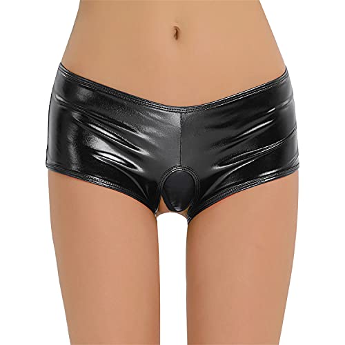 Metallic Glänzende Booty-Shorts Für Damen Tanzslip Mit Hotpants Aus Kunstleder Sexy Wetlook Unterteile Mini Dessous Clubwear (Schwarz,L) von Generisch