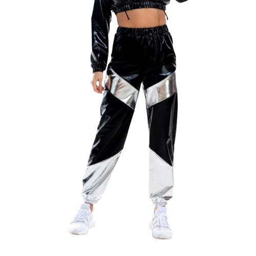 Metallic Hose Damen Metallic Leggings Hohe Taille Hose Glänzend Wetlook Metallic Cargohose Hologramm Hip Hop Tanzhose Lackleder Jogger Streethose Bühnen Auftritt Nachtclub Disco Clubwear (Black#11, M) von Generisch