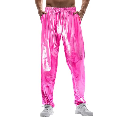Metallic Hose Herren 80Er 90Er Jahre High Waist Hip Hop Jogginghose Elastisch Bund Freizeithose Pailletten Glitzer Palazzohose Disco Party Rave Glänzend Clubwear Rosa XXXL von Generisch