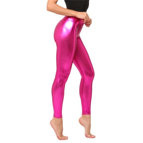 Metallic Leggings Damen Hoher Taille Shiny Glänzende Hose Sexy glänzend Wet Look Lederoptik Latex Hose 80er Karneval Silber Leggings Glitzer Disco Outfit Space Kostüm von Generisch