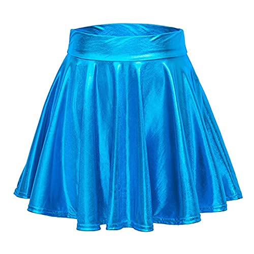 Metallic Rock Damen Metallischer Faltenrock Mini Rock Glitzer Rock Karneval Kostüm Silber Gold Glitzer Kostüm PU Space Girl Kostüm 90er Jahre Outfit für Ballett Tanz Carnival Kostüm (Blue-A, XL) von Generisch