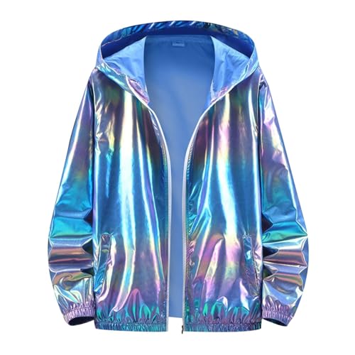 Metallische Jacke Herren Jacke Silber Metallic Glänzend Bomberjacke Leicht mit Kapuzen Jacken Outdoor Windbreaker Langarm Bomberjacke Metallic Fliegenjacke Bikerjacke Outwear Karneval Kostüm von Generisch