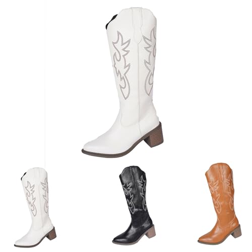 Mid Calf Boots Damen Western Cowboystiefel Chunky High Heels Römische Spitze Spitze Stickerei Genäht Komfort Pull On PU Leder Country Riding Western Hochzeit Schuhe, weiß, 39 EU von Generisch