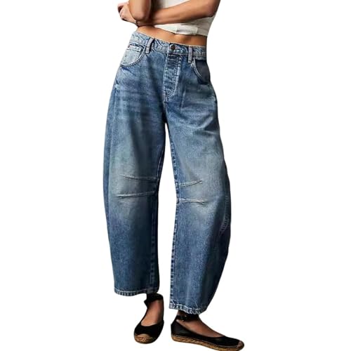 Mid Rise Barrel Vintage Loose Wide Leg Jeans Cropped Denim Pants Baggy Barrel Pants Damen, blau, XL Mid Rise Barrel Vintage Loose Wide Leg Jeans Cropped Denim Pants Baggy Barrel Pants Damen, blau, XL von Generisch