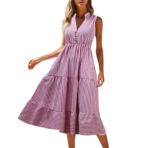 Midikleid Damen Sommer Gestreift A Linien Kleid Damen Sommer Elegant Volant Tunika Kleid Lang Ärmellos V Ausschnitt Sommerkleid Damen Leicht Und Luftig Streifen Kleider Rüschen mit Knopfleiste von Generisch