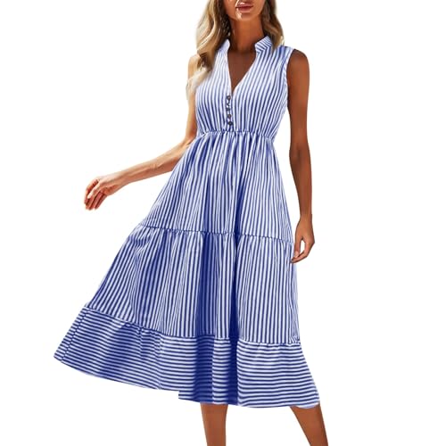 Midikleid Damen Sommer Gestreift A Linien Kleid Damen Sommer Elegant Volant Tunika Kleid Lang Ärmellos V Ausschnitt Sommerkleid Damen Leicht Und Luftig Streifen Kleider Rüschen mit Knopfleiste von Generisch
