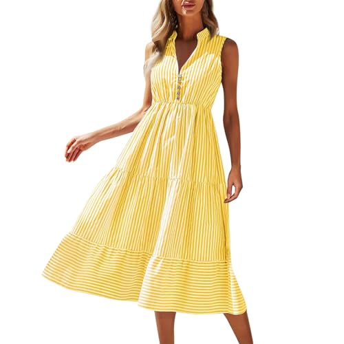 Midikleid Damen Sommer Gestreift A Linien Kleid Damen Sommer Elegant Volant Tunika Kleid Lang Ärmellos V Ausschnitt Sommerkleid Damen Leicht Und Luftig Streifen Kleider Rüschen mit Knopfleiste von Generisch