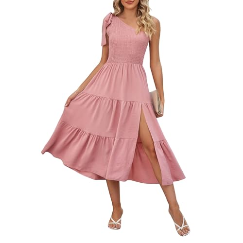 Midikleid Damen Sommer Rüschen mit Schlitz Sommerkleid Damen One Shoulder Schnürung Sommerkleider Damen Leicht Und Luftig Elegant Gesmoktes Kleid Frauen Lang A Linie Damenkleider Rückenfreie von Generisch