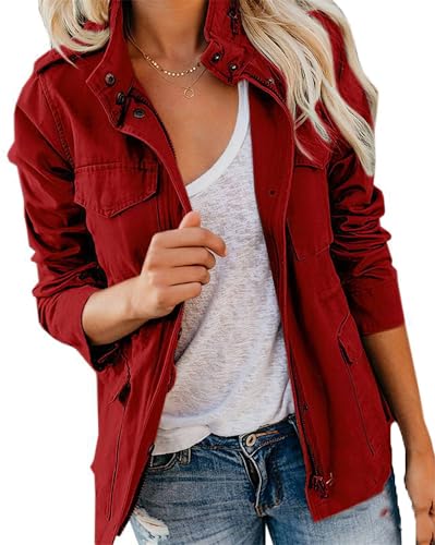 Militär-Anorak-Jacke für Damen, leicht, lässig, Reißverschluss, Druckknöpfe, Utility-Cargo-Mäntel mit Tasche, rot, S von Generisch