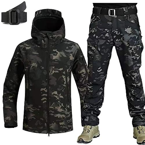 Military Camo Jagd Kleidung Set mit Gürtel Herren Softshelljacke Hose Taktische Jacke und Kampfhose Wasserdicht Army Combat Suit Sets von Generisch