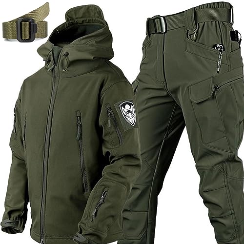 Military Camo Jagd Kleidung Set mit Gürtel Herren Softshelljacke Hose Taktische Jacke und Kampfhose Wasserdicht Army Combat Suit Sets von Generisch