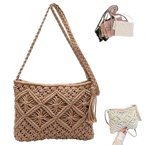 Minimalistische Quaste Damen Clutch – Retro Baumwollseil Gewebte Tasche, Handgewebte Damen Crossbody Handtasche Urlaub Boho Strand (Khaki,One Size) von Generisch