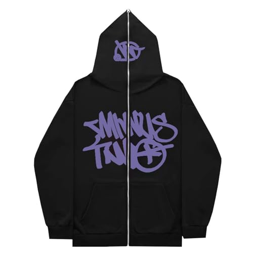 Minus Two Cargo Hoodie Herren Y2K Kapuzenpullover Hip Hop Streetwear Urban Pullover Unisex Casual Jacke Vintage Streetwear Jackenmantel für Mädchen und Jungen (Purple, M) von Generisch