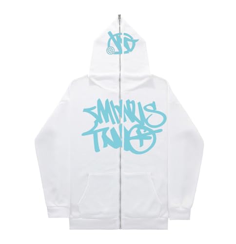 Minus Two Cargo Hoodie Herren Y2K Kapuzenpullover Hip Hop Streetwear Urban Pullover Unisex Casual Jacke Vintage Streetwear Jackenmantel für Mädchen und Jungen (White-1, M) von Generisch