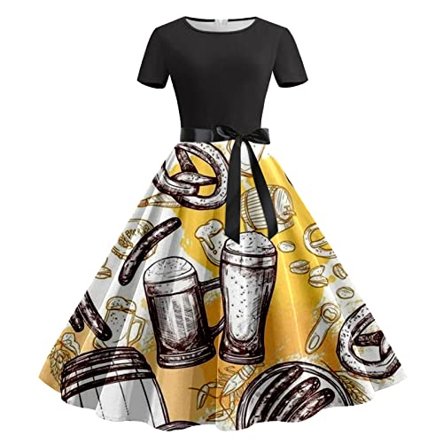 Mit Gürtel Drindl Kleid Deutsch Abnehmbare Kapuze Blumendruck Kurzarm Klassisch Traditionell Lässig Sommer Rundhalsausschnitt Outfit Deutsches Oktoberfest Dirndl-Kleider Mode von Generisch