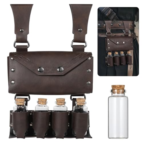 Mittelalter Alchemist Gürteltasche mit 4 Kork-Fläschchen, Kunstleder Hüfttasche für Herren & Damen, Renaissance Kostüm Zubehör von Generisch