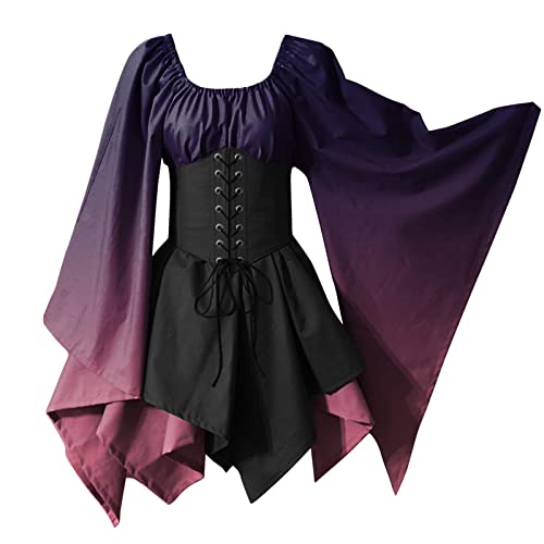 Mittelalter Kleidung Damen, Irisches Trompetenärmel Kostüme Maxikleid Dress Renaissance Vintage Gothic Rapunzel Kleid Kleid Lang Retro Mittelalter Unterkleid Mittelalter Tunika Kleidung von Generisch