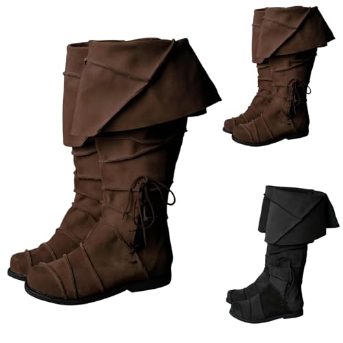 Mittelalter Schuhe, Mittelalter Schuhe Herren Wikinger Hoch Cowboystiefel Braun, Leder Westernstiefel Cowboy Stiefel Männer Gothic Western Stiefeletten Mit Absatz Lederstiefel Boots Festival 38 von Generisch