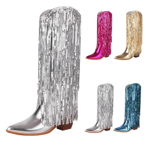 Mittelbreite Cowgirl-Stiefel für Damen, weiches PU-Leder, klobiger Blockabsatz, spitzer Zehenbereich, Quastenstiefel, modische Paillettenreitschuhe für Themenparty, Country-Konzert, silber, 40 EU von Generisch
