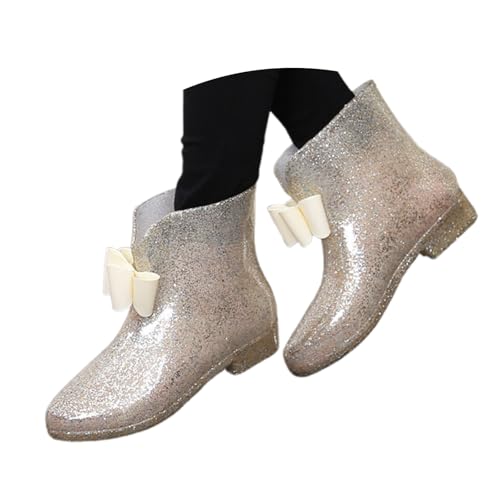 Mittelhohe Gummistiefel Damen Halbstiefel Garten Wasserdicht rutschfest Wasserschuhe Weiche Laufsohle Reitstiefeletten Verschleißfest Glitzer Glitter Schleife Regenstiefel von Generisch