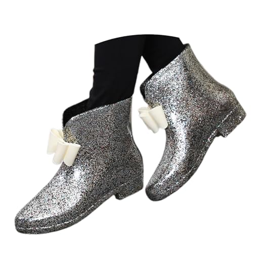 Mittelhohe Gummistiefel Damen Halbstiefel Garten Wasserdicht rutschfest Wasserschuhe Weiche Laufsohle Reitstiefeletten Verschleißfest Glitzer Glitter Schleife Regenstiefel von Generisch
