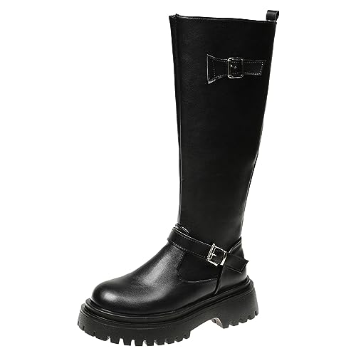 Mittellange Stiefel mit dicken Sohlen für die Damensaison, lange Stiefel mit Gürtelschnalle, Röhrenstiefel, Motorradstiefel, Retro-Damenstiefel Boots High Heels Damenschuhe (Black, 37) von Generisch