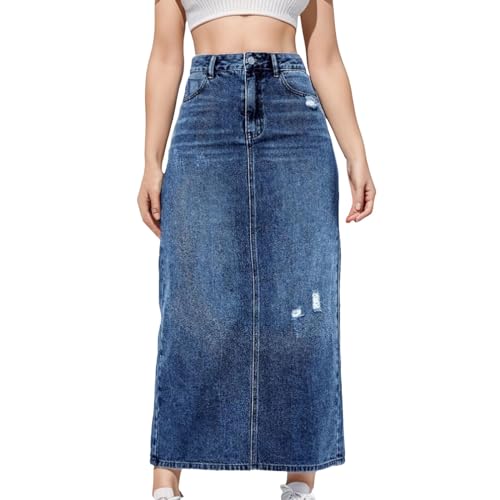 Mittellanger Jeansrock Mit Mittlerer Taille Und Löchern Damen Bleistiftrock High Waist Skinny Hohe Röcke Lang Große Größen Bequem Elegante Stretch Slim Fit Röck Elegant Damenrock (Blue, S) von Generisch