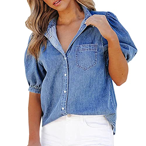 Mode Damen Hemd Tops Bluse 2024 Neu Damen Kurzarm Jeanshemd Gerade Tasche Lose Top Puffärmel Top Klein, blau, Large von Generisch
