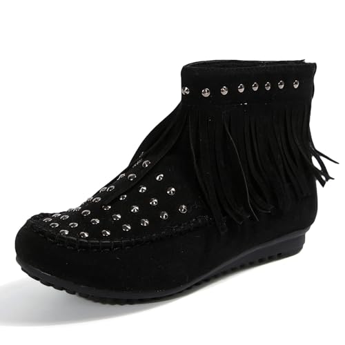 Mode Frauen Quasten Reißverschluss Solide Kurze Booties Runde Zehe Flache Schuhe (Black, 40) von Generisch