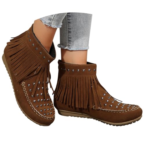 Mode Frauen Quasten Reißverschluss Solide Kurze Booties Runde Zehe Flache Schuhe (Brown, 38) von Generisch