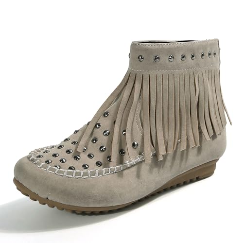 Mode Frauen Quasten Reißverschluss Solide Kurze Booties Runde Zehe Flache Schuhe (Khaki, 37) von Generisch