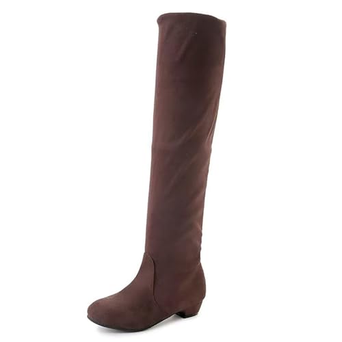 Mode Frauen Slip On Solid Herbst Winter Dicke Sohle Quadratischen Absätzen Flock Lange Booties Runde Zehen Schuhe Damen Schwarz (Coffee, 39) von Generisch