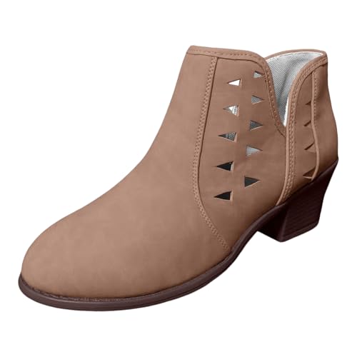 Mode Frauen Square Heels Slip On Hollow Short Booties Runde Zehenschuhe (Coffee, 37) von Generisch