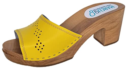Moderne High Heels Holz Clogs Holz Pantolette Gr.35-36-37-38-39-40-41 Glattleder Rinds Leder *Gelb* oder ROSA (Gelb, EU_38) von Generisch