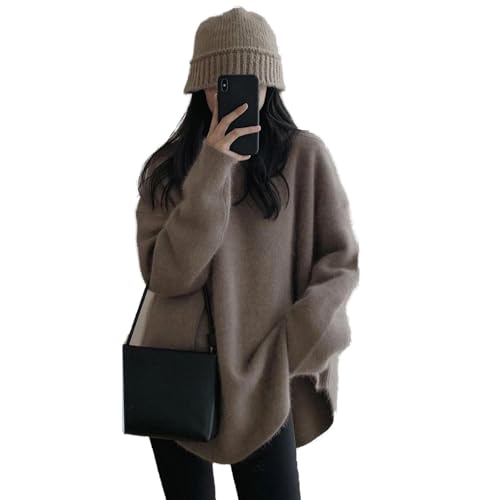 Moderne Pullover Damen Eleganter Gebogener Saum Strickpulli Leichte Oversize Strickpullover Rundhals Feinstrickpullover Warm Damenpullover Langarm Esprit Damen Pulli Einheitsgröße45-70kg Coffee von Generisch